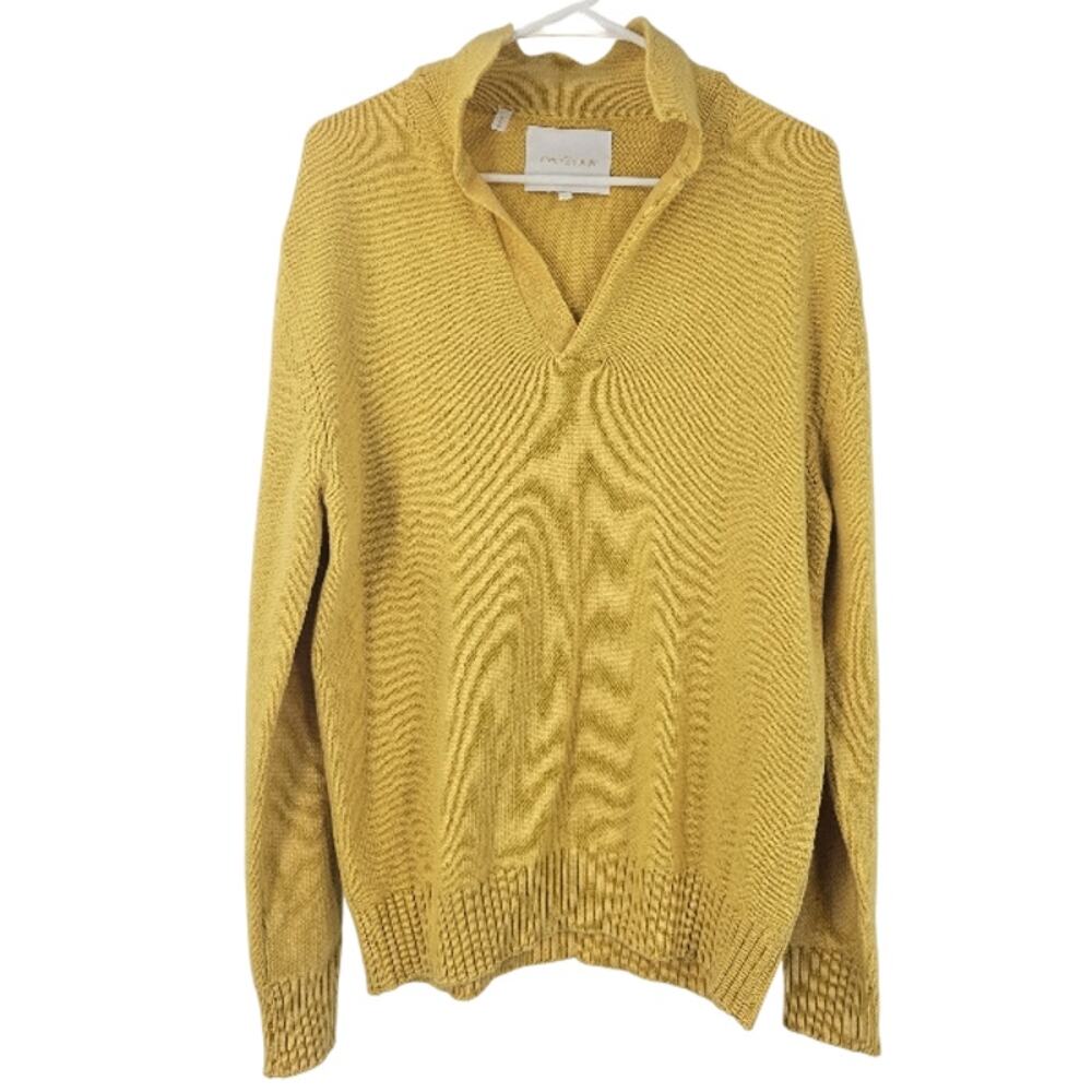 Seven Gauge Mens Sweater Yellow 100% Wool Knit Collared V-neck Pullover Size L